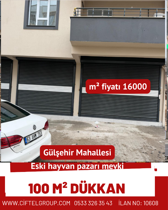 Satılık D&uuml;kkan &ndash;  G&uuml;zelşehir Mahallesi, Eski Hayvan Pazarı mevkiinde bulunan 100 m&sup2; d&uuml;kk&acirc;n satılıktır. m&sup2; fiyatı: 16.000 TL&rsquo;dir.
