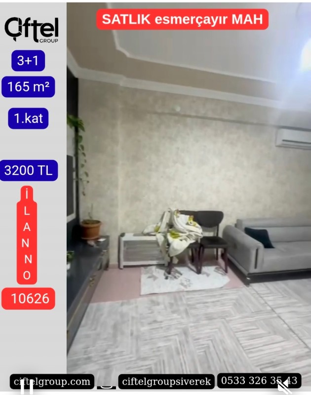 Esmer&ccedil;ayır Mahallesi, Hz. Ey&uuml;p Camii karşısında 1. kat (d&uuml;kkan &uuml;zeri) 3+1 daire. Asans&ouml;r ve doğalgaz mevcut. Fiyat: 3.200.
