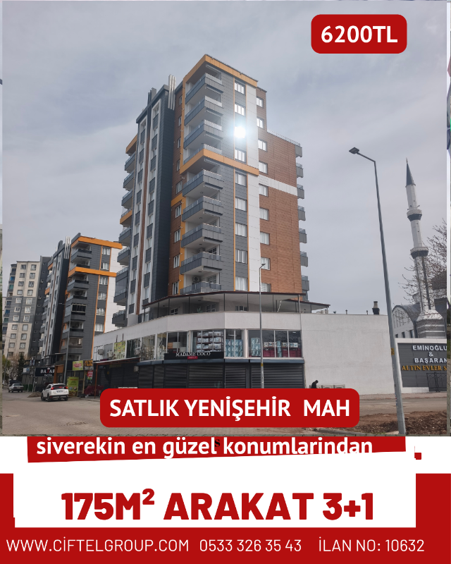 Satlik Yenişehir Mahallesi&rsquo;nde, emniyet, okul ve marketlere yakın konumda bulunan, Siverek&rsquo;in en tercih edilen b&ouml;lgelerinden birinde yer alan 175 m&sup2; genişliğinde 3+1 ara kat daire satılıktır. Fiyat: 6.200.000 TL 